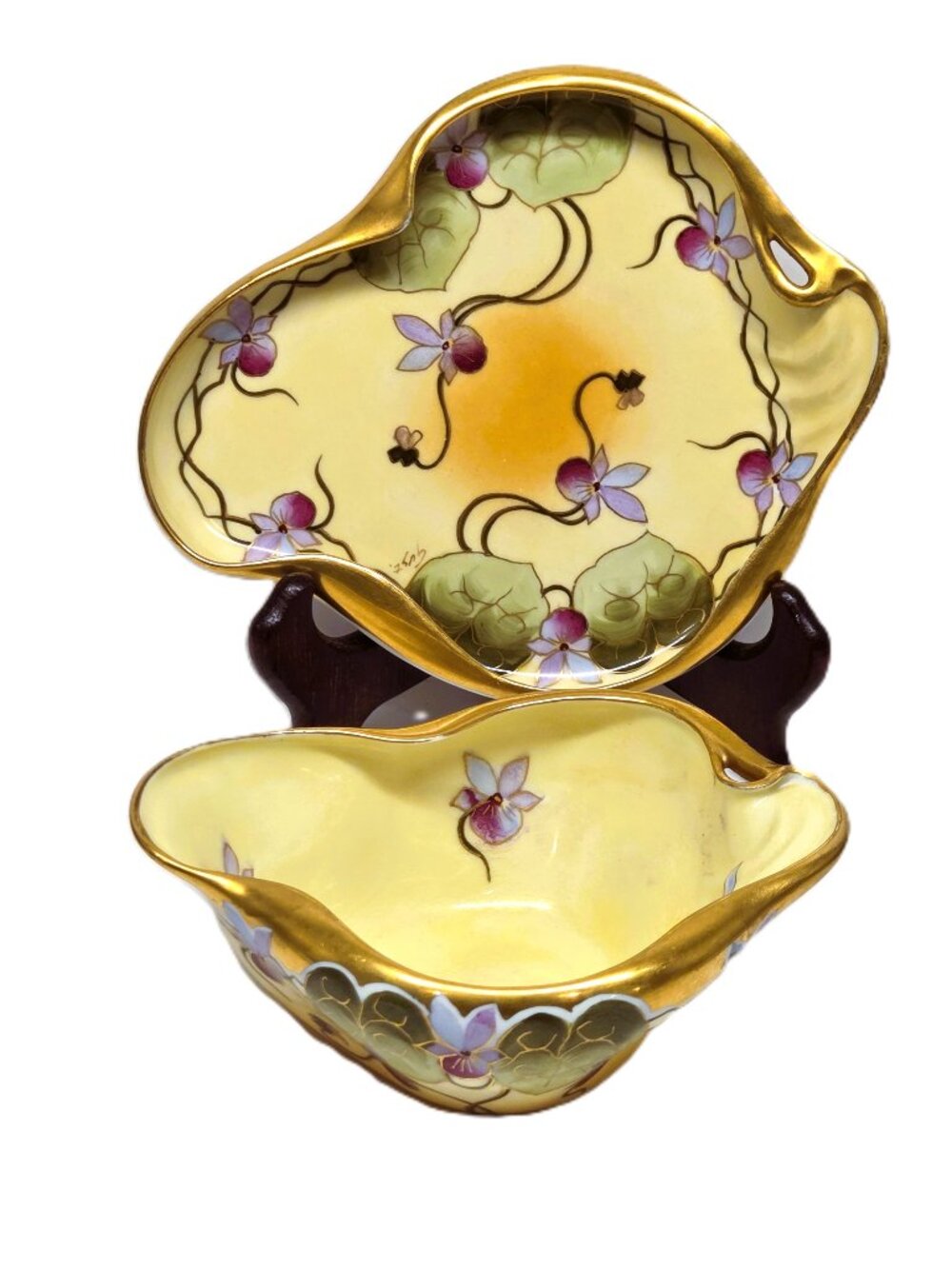 Art Nouveau Stouffer La Seynie Limoges Dish Plate Bowl Violets Gold Set Signed